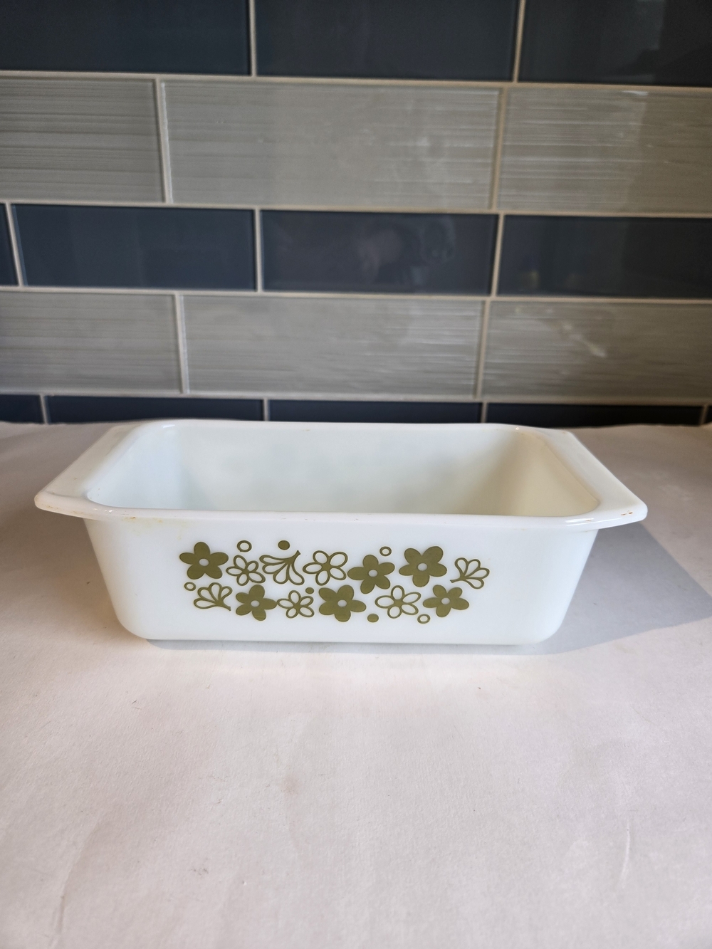 Pyrex White Floral Glass Baking Dish with Olive Green Flower Pattern